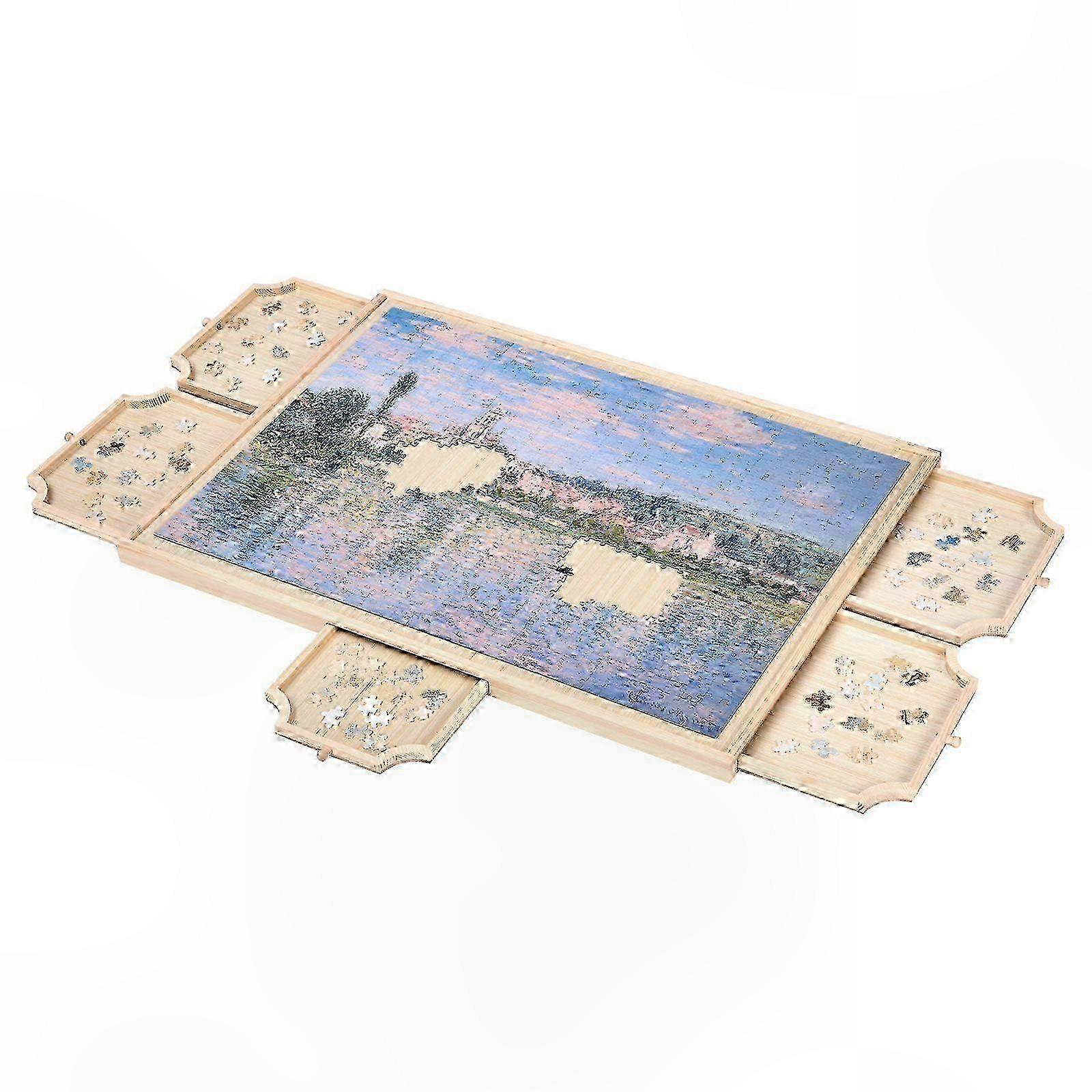 Wooden Puzzle Board with 5 Drawers, 74x53cm Rotating Table for Jigsaw Accessories, Portable Design for Adults
