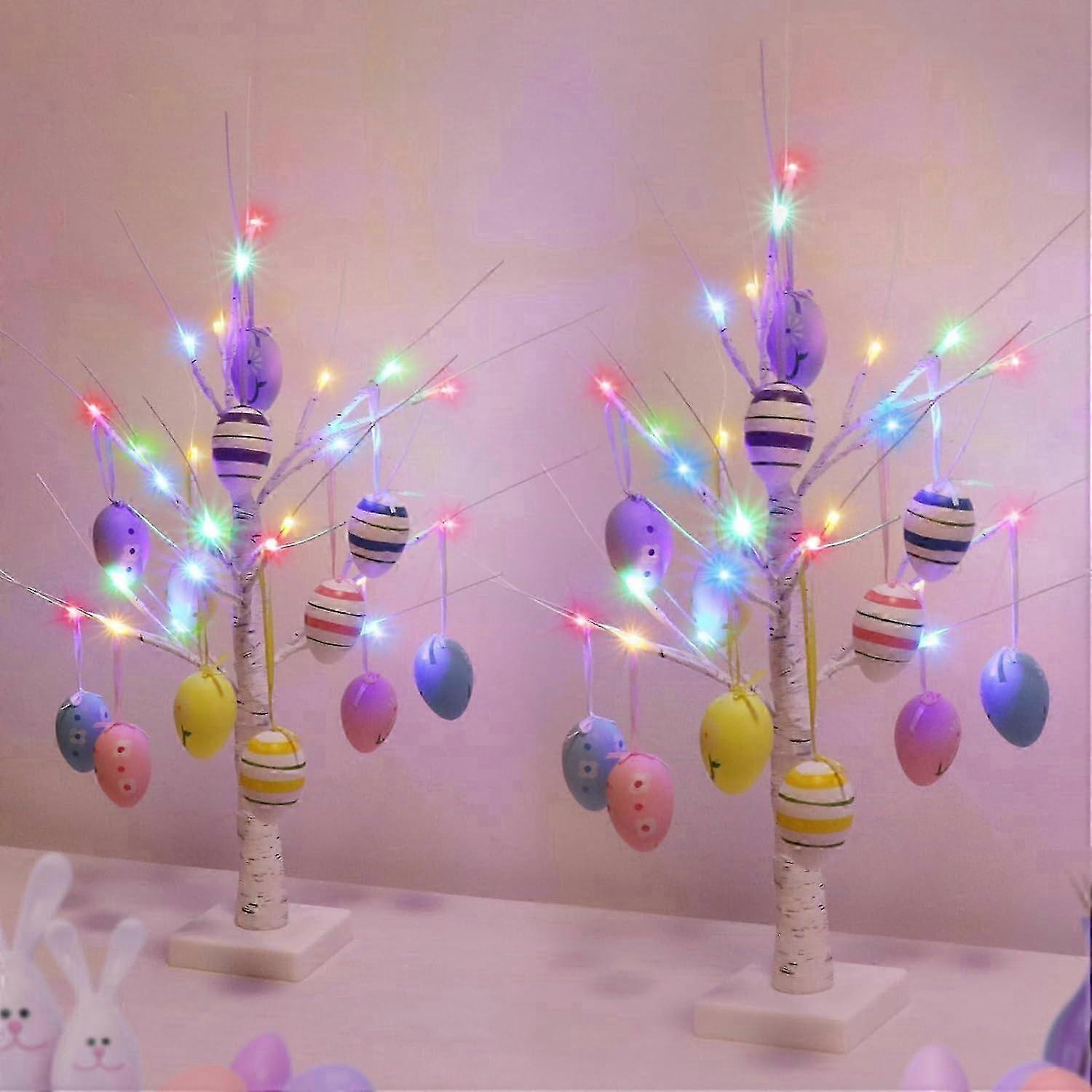 Easter Table Decor, 2 Pack Lighted Artificial Birch Tree for Tabletop, 24 Inch LED Multicolor Lights with 24 Eggs Indoor Hanging Ornaments for Home Ea