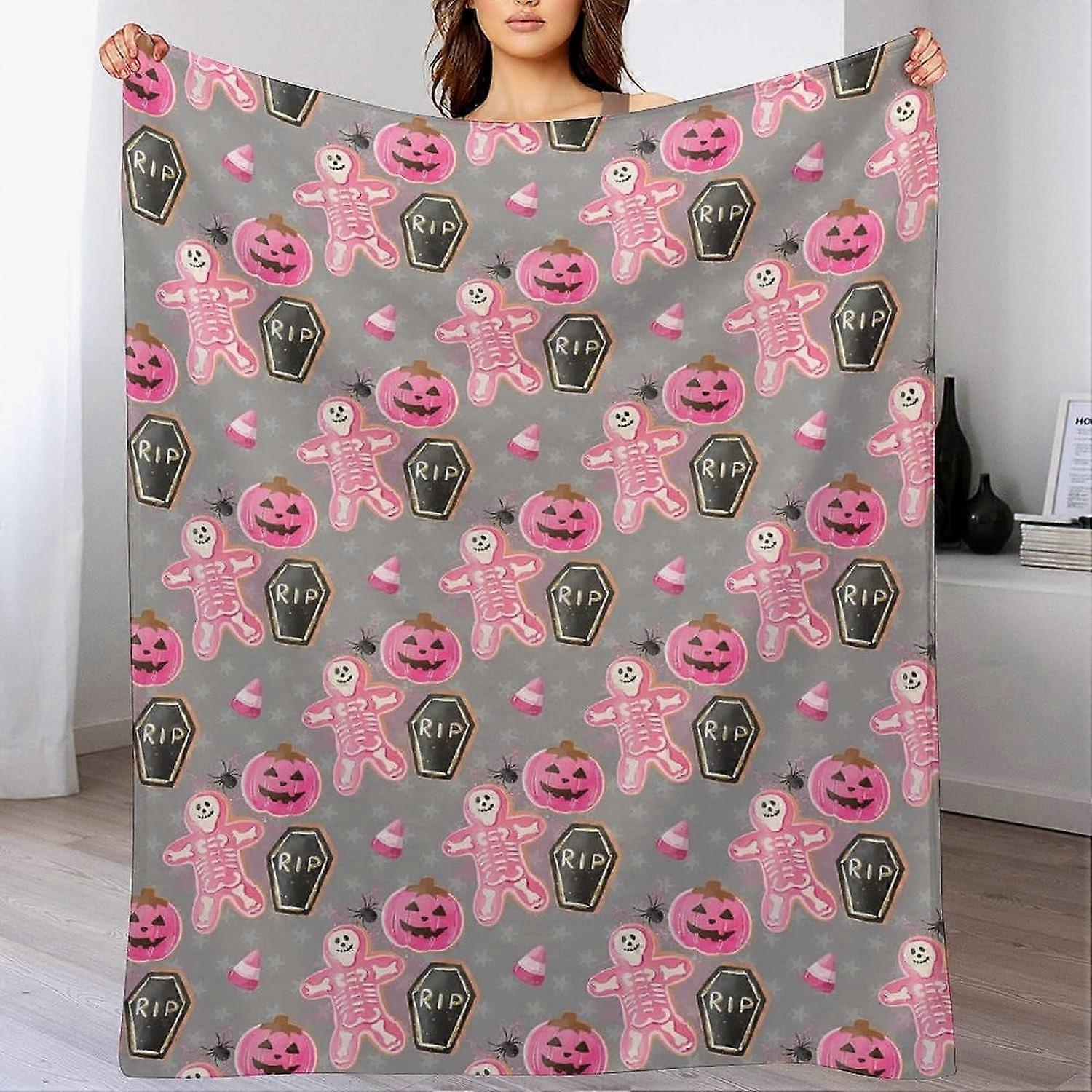 Soft Flannel Fleece Throw Blanket with Spider Webs, Witch's Hat, Bats & Pumpkins Print for Halloween, Compatible with Bed, Couch, Chair