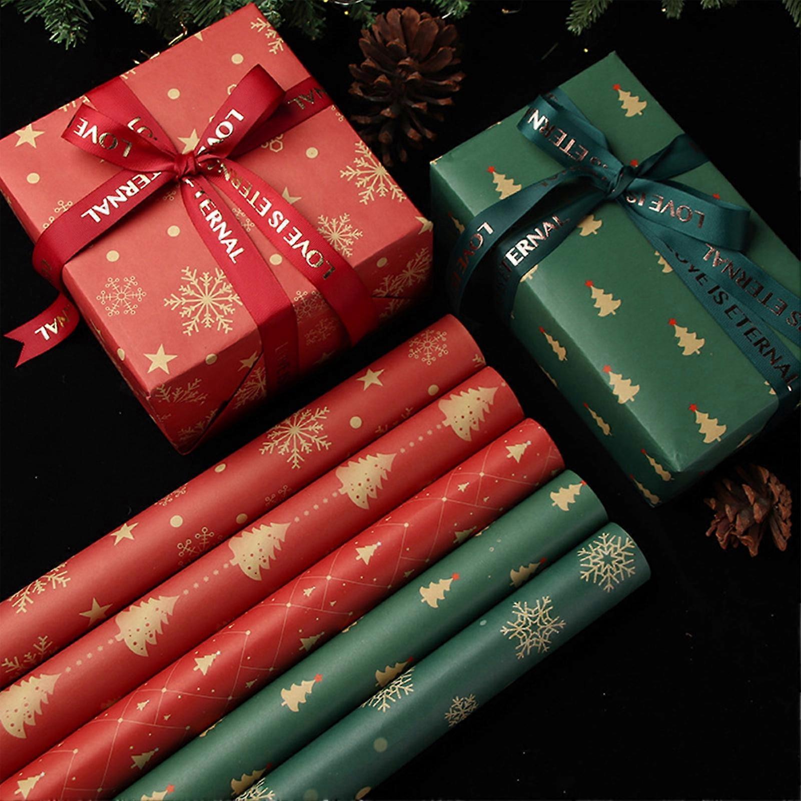 Travelwant Christmas Wrapping Paper - Brown Kraft Paper with Red and Green Pattern for -Christmas Elements Collection