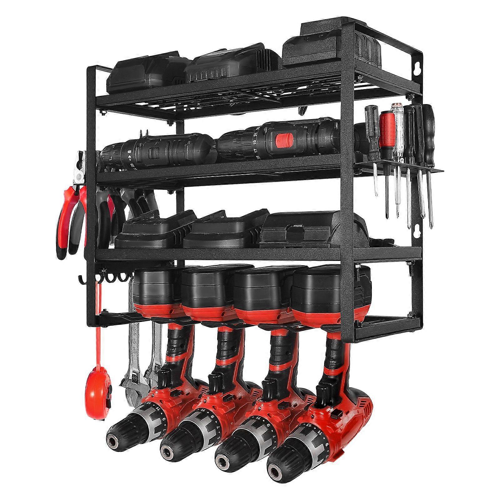 Power Tool Organizer Wall Mount, 4-Layer Storage Rack with 4 Drill Holders and Screwdriver Holder