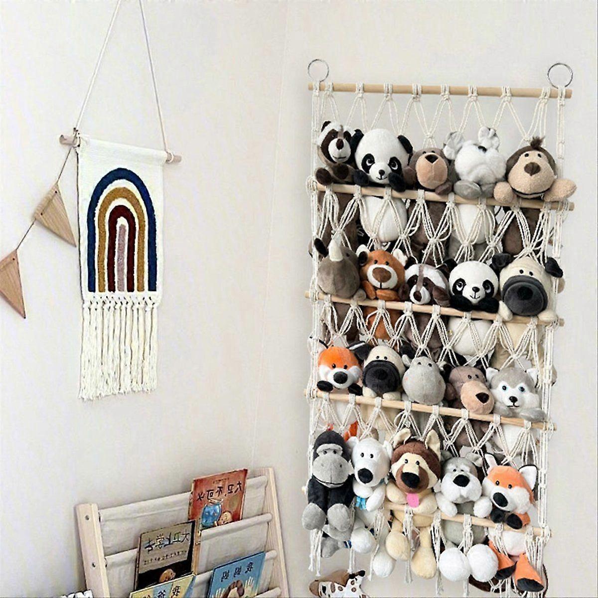 Wall Hanging Organizer Plush Toy Storage Boho Macrame,White