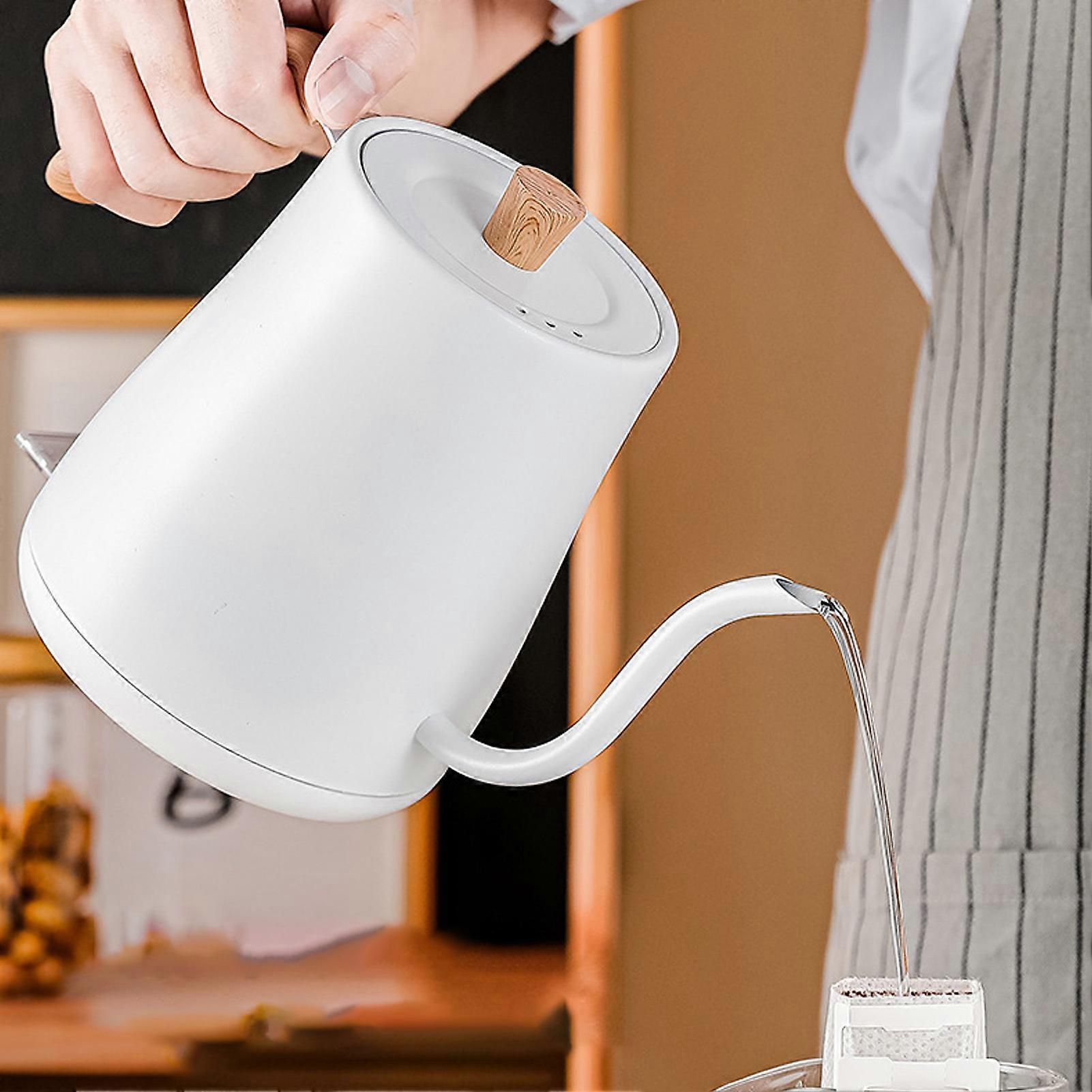 Gooseneck Electric Kettle Stainless Steel Automatic Shutoff Ergonomic Handle Avoid Scalding Pour Over Kettle for Coffee Tea White Wood Grain EU Plug 