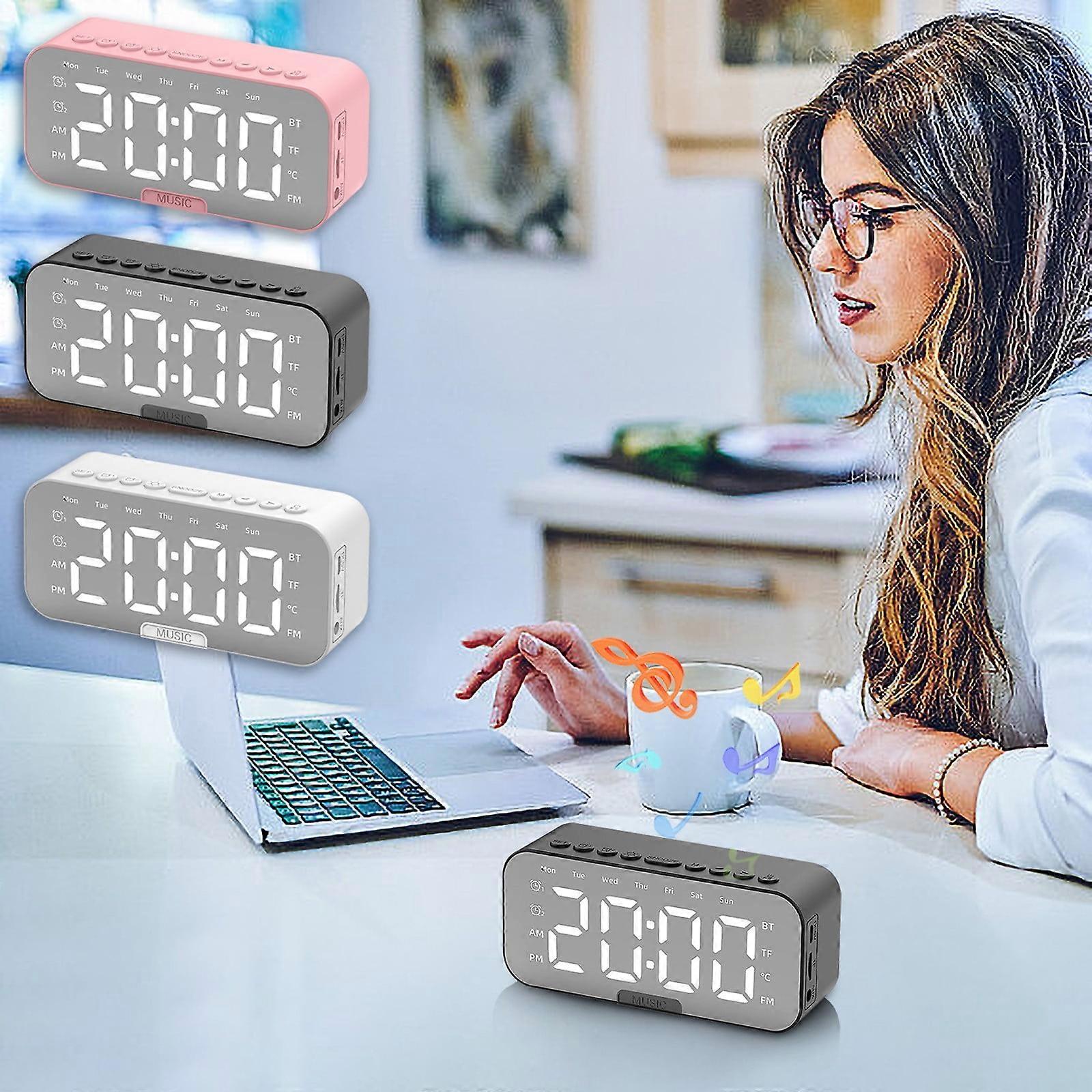 Jacenvly Bluetooth Audio Transmitter & Digital Alarm Clock with LED Mirror, Compatible with Pink Mini Stereo Speaker