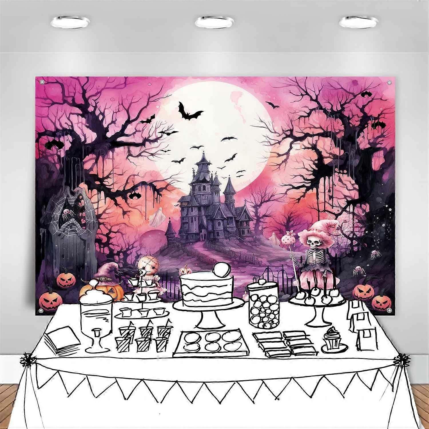 Pink Halloween Backdrop, Scary Full Moon Haunted House Background