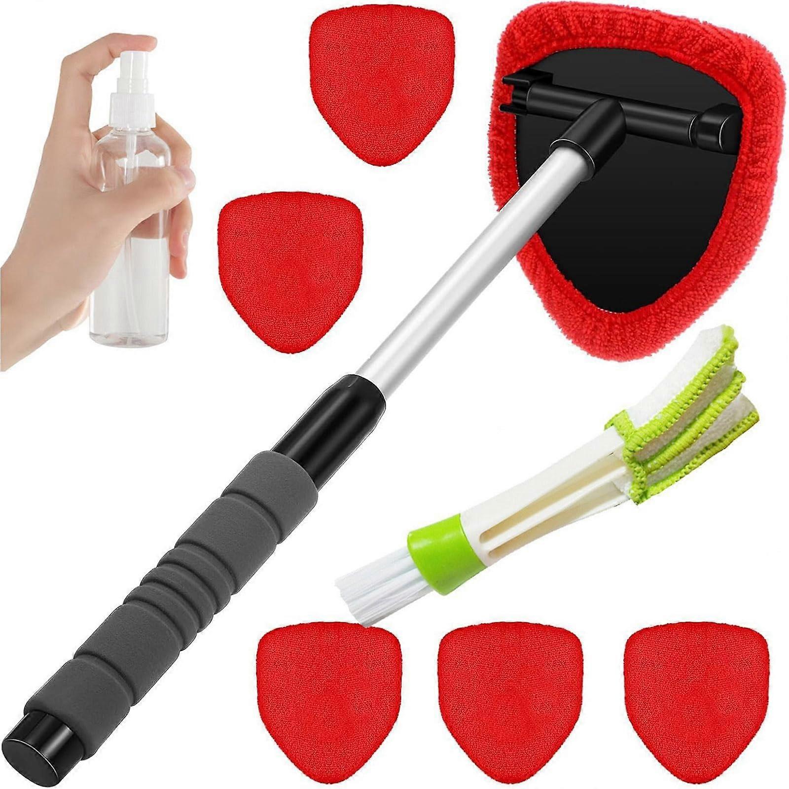 Extendable Windshield Cleaner with Rotating Head and 6 Microfiber Pads for All Vehicles Red