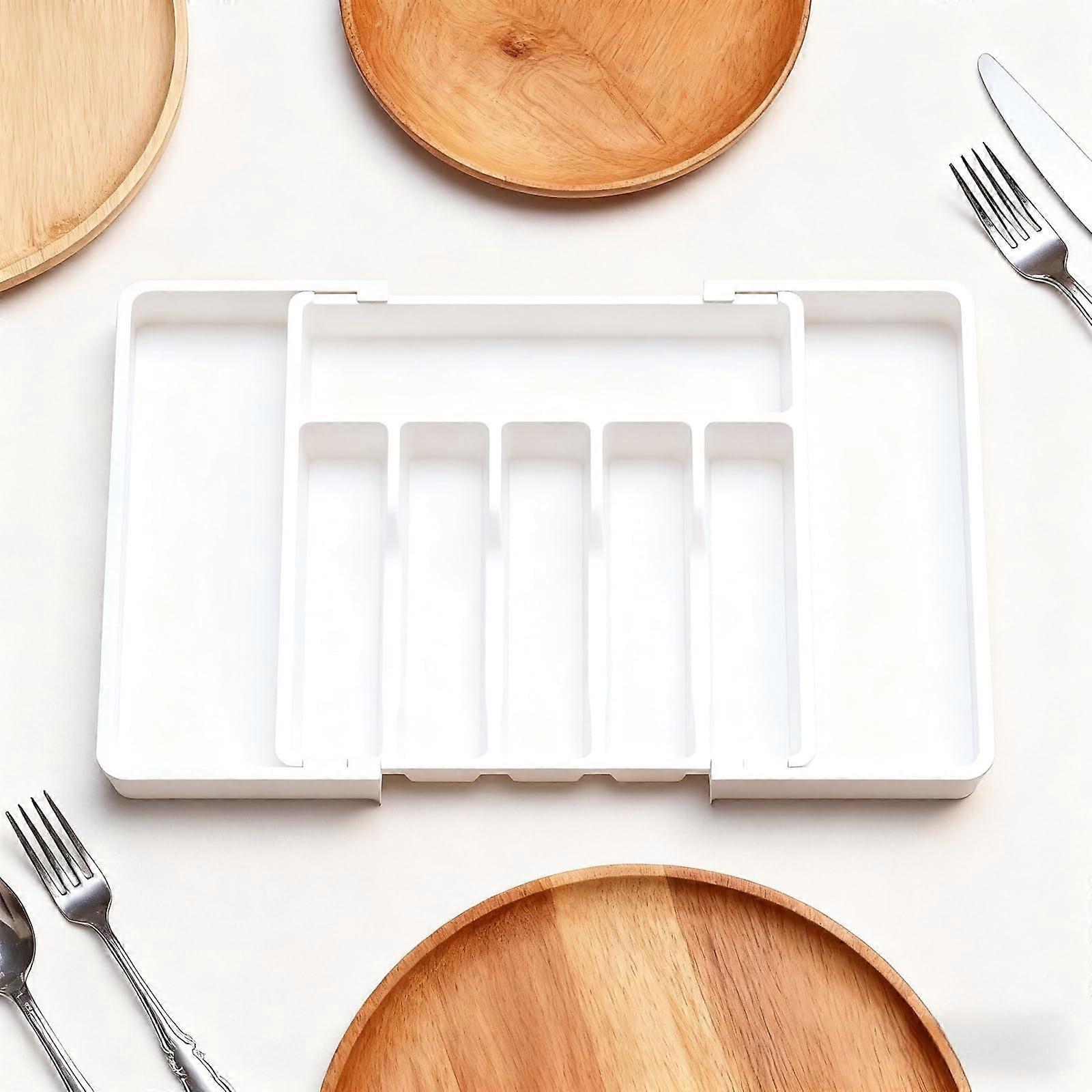 Expandable Silverware Drawer Organizer with 8 Compartments, Adjustable Utensil Tray for Kitchen (White)
