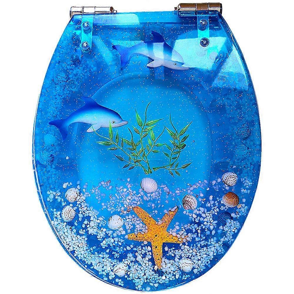 Soft Close Resin Toilet Seat with Chrome Hinges, 3D Ocean Design, Heavy Duty Quick Release Lid
