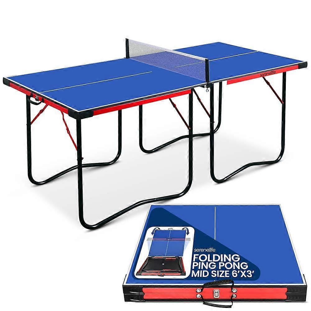 SereneLife Midsize Portable Ping Pong Table Set with Net, Clipper, Post 6’ x 3’ Foldable Space Saving Design, Blue