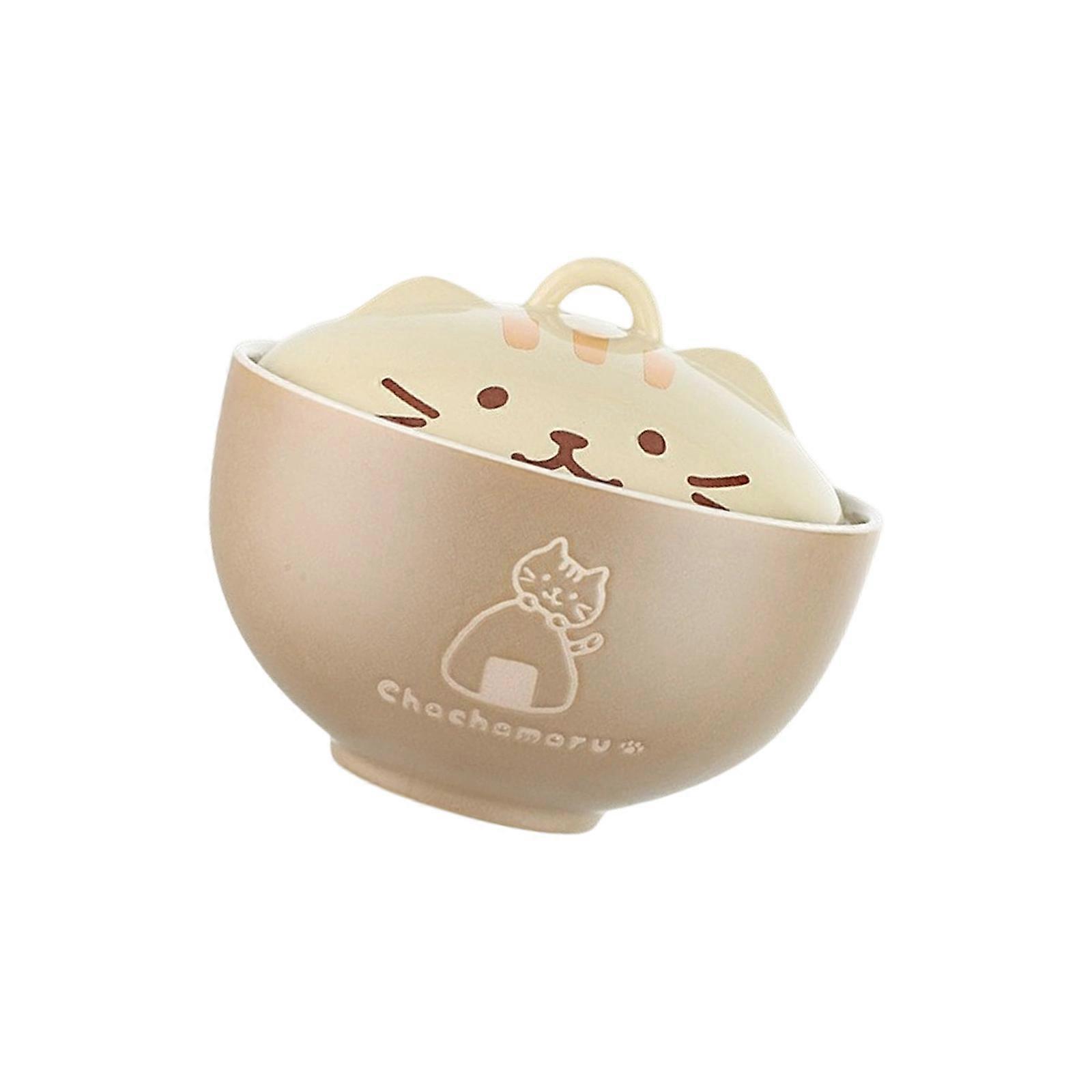 Ceramic Covered Bowl with Cats Theme Microwave Safe Dishwasher Friendly Large Capacity Tableware with Lid  light color