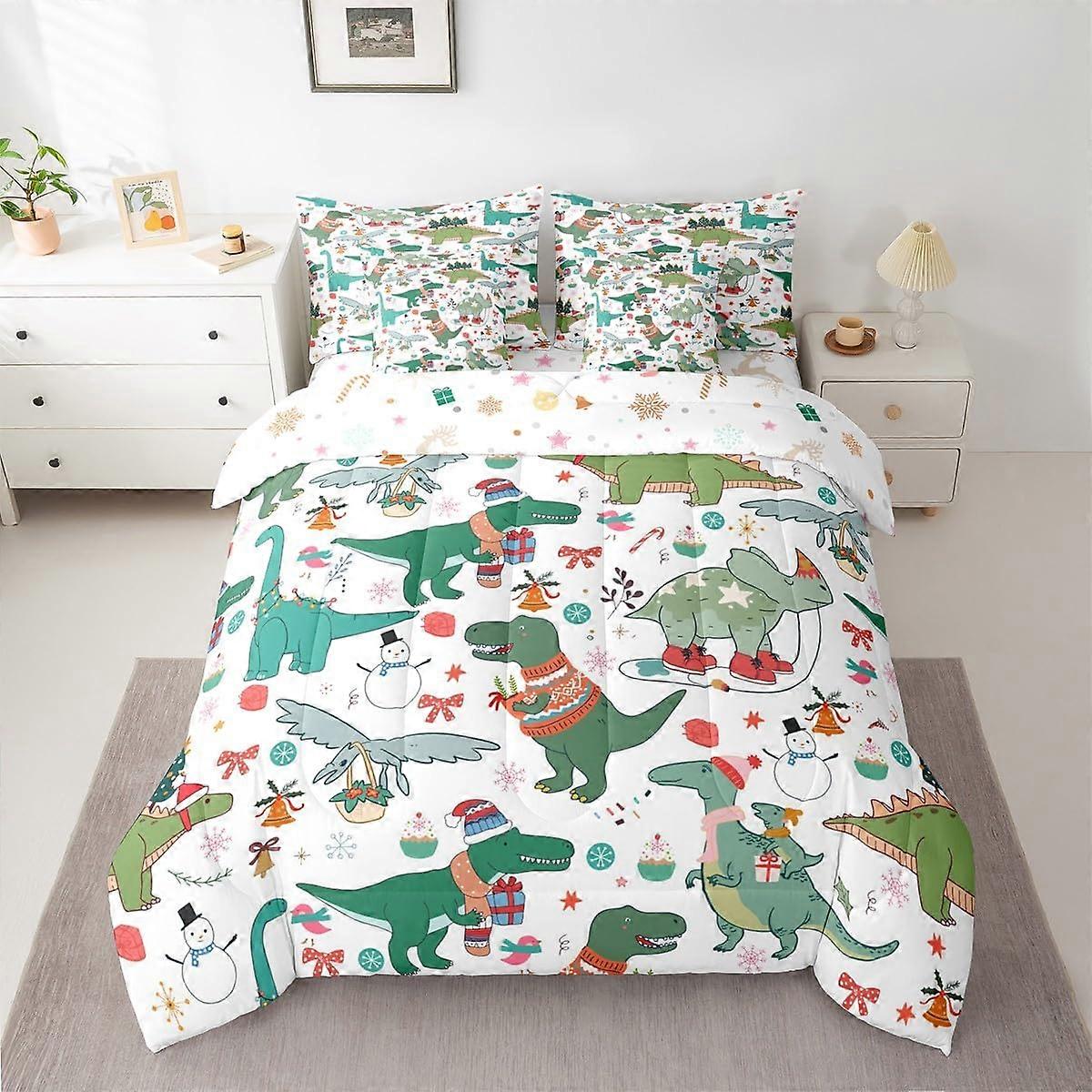 Christmas Dinosaur Bedding Set Full Size 7Piece Soft Microfiber Comforter with Sheets for Kids