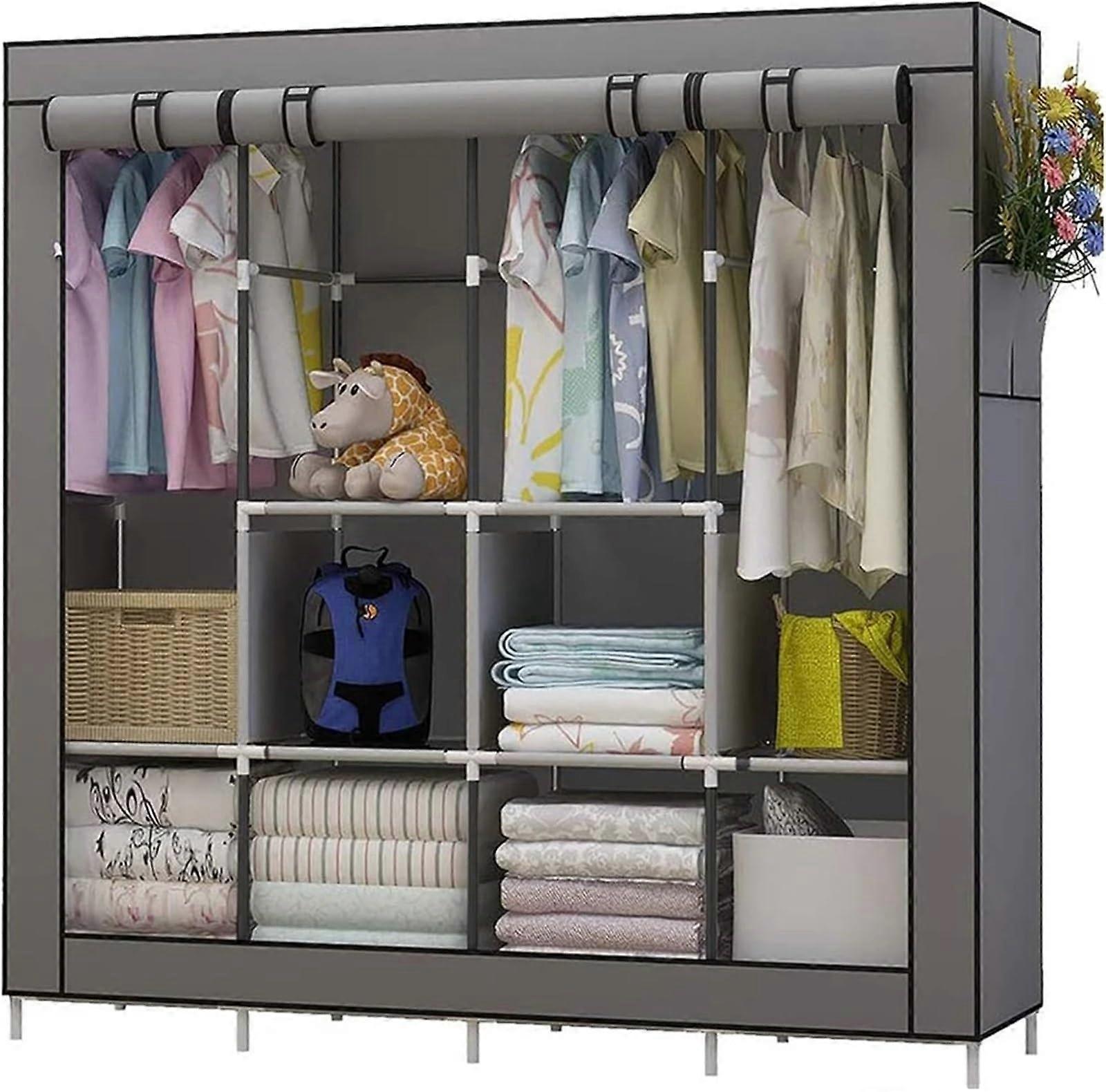 Portable Wardrobe Closet with 6 Shelves and 4 Hanging Sections, Large Canvas Organizer, Black 170cm