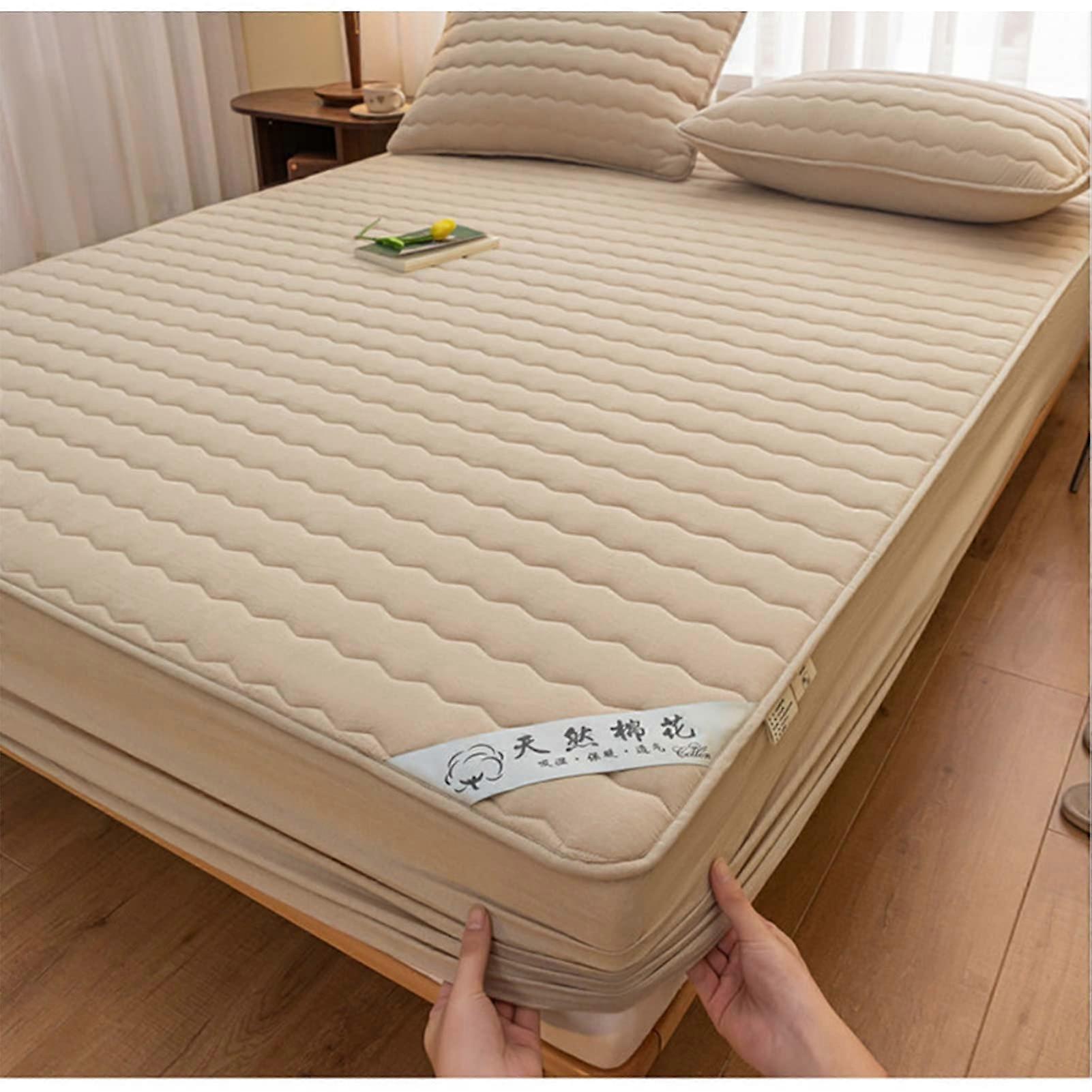 Cotton Quilted Fitted Bed Sheet with Elastic Deep Pocket Mattress Protector Khaki 90x200cm