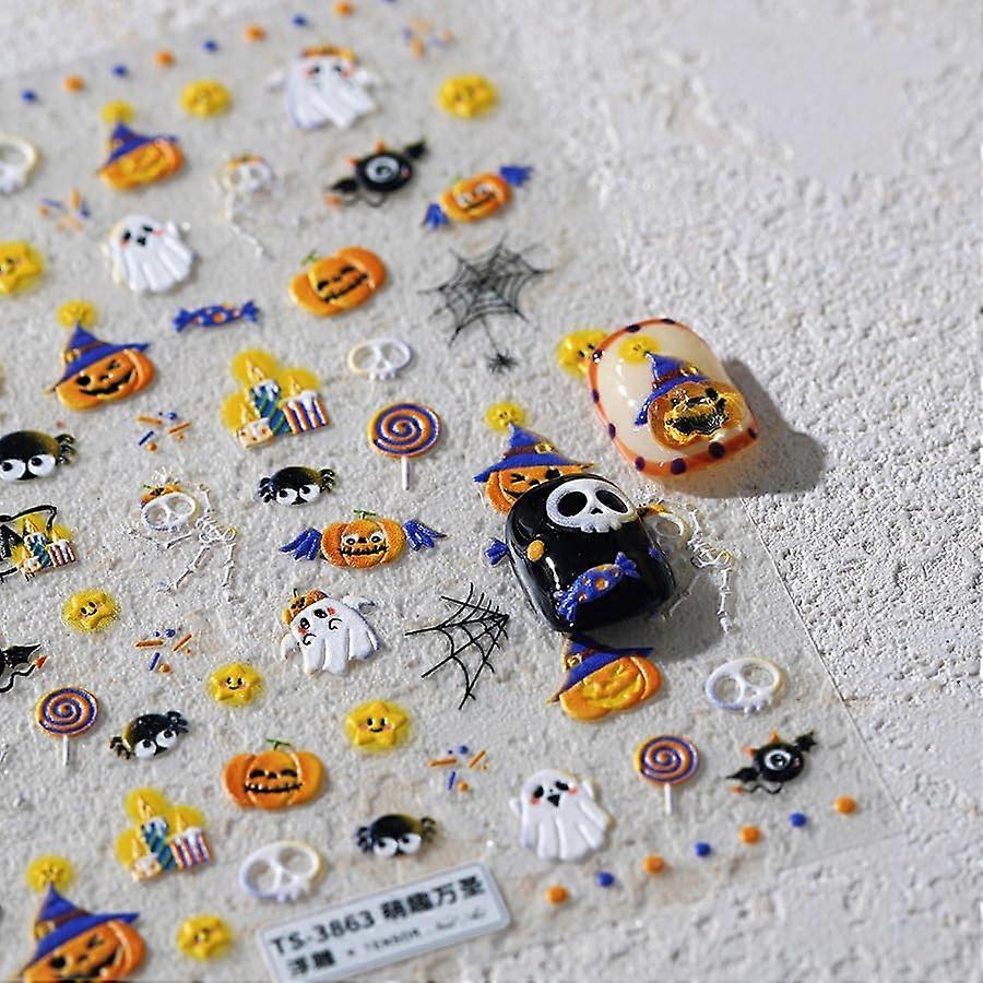 5D Embossed Halloween Nail Stickers SelfAdhesive Ghost Pumpkin Spider Web Skull Nail Decals