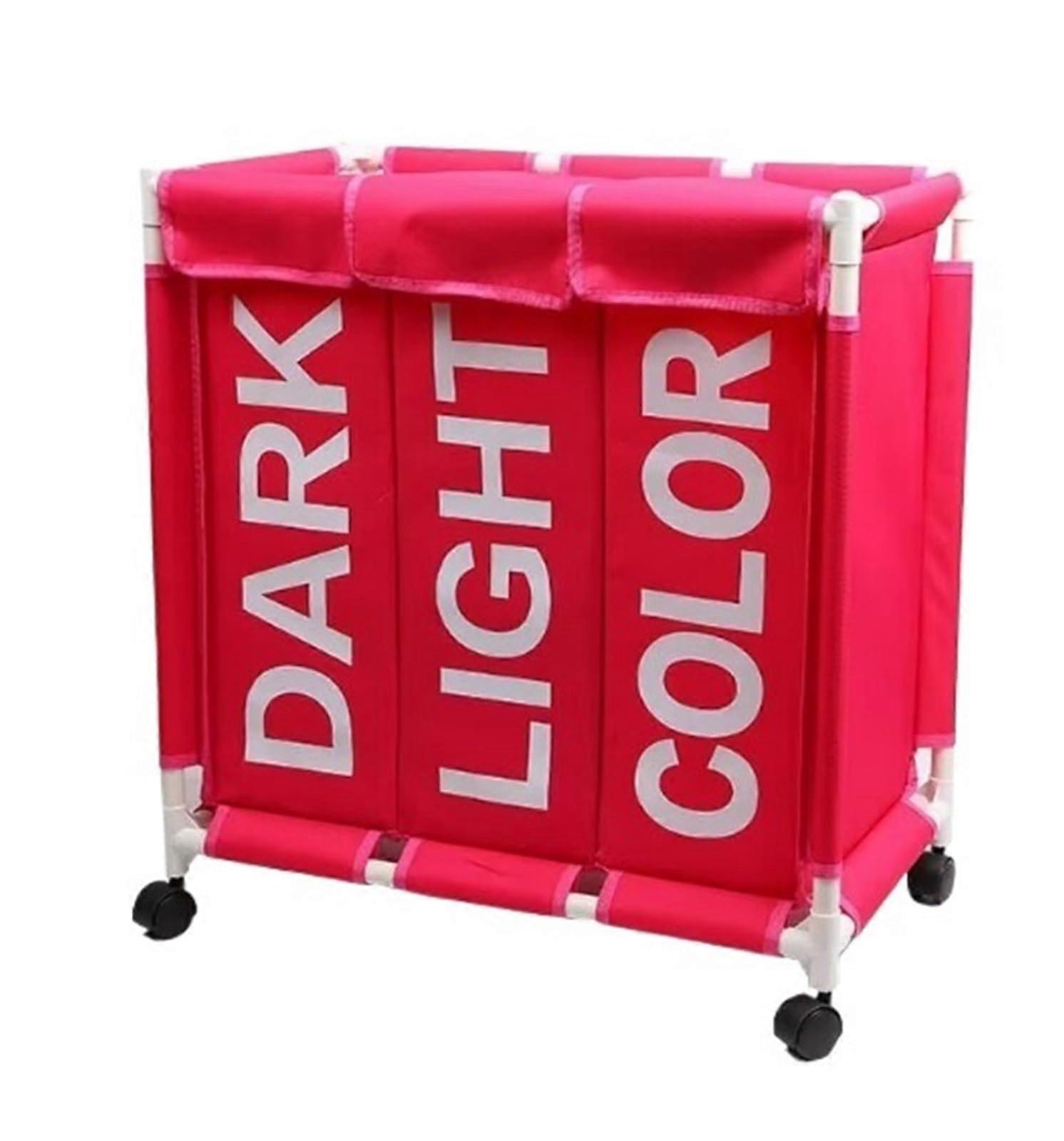 Large Capacity Laundry Basket with Lid, Waterproof 3Grid Hamper with Wheels, Rose Red