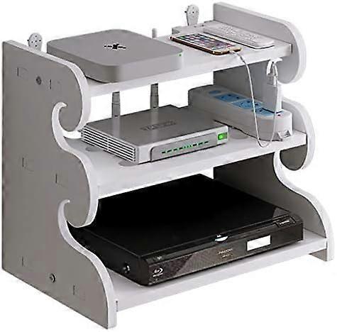 Wall Mounted Pine Wood Router Shelf with Multi Layer Storage and Rounded Safety Corners White