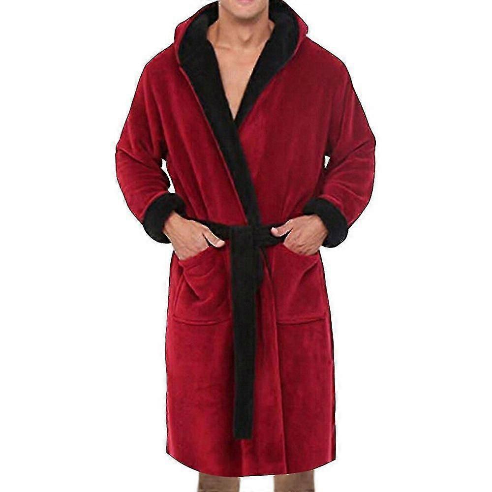 Men Hooded  Fleece Dressing Bathrobe