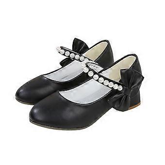 Elegante Prinzessinnen-Tanzschuhe mit Perlen-Schleife für Mädchen, High Heels aus Leder, vielseitige Schuhe für Partys und Aufführungen (Schwarz, 9 Jahre)