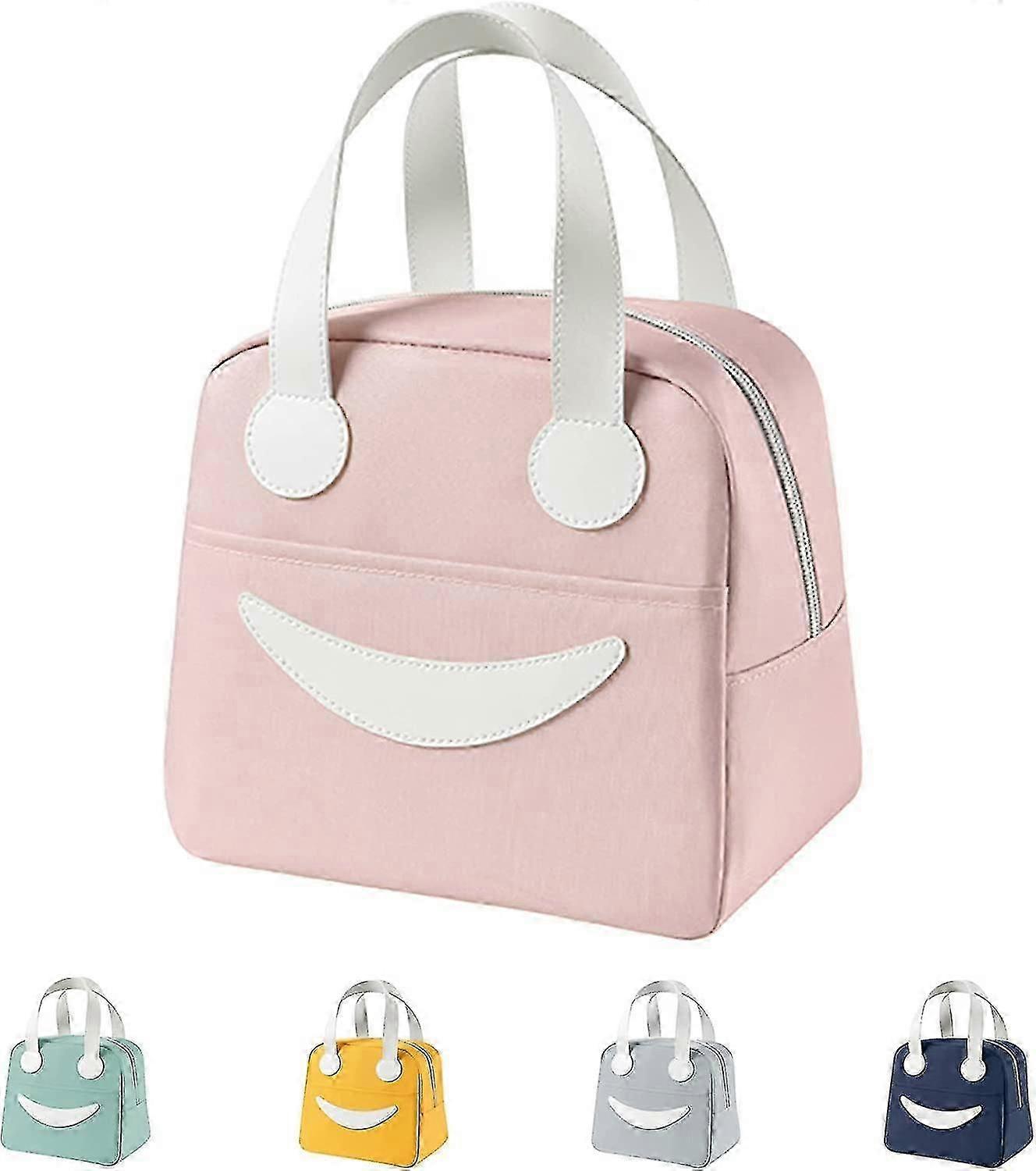 Pink Insulated Lunch Bag for Kids with Smiley Face, Waterproof Easy Clean, 9.4x5.5x8 Inches