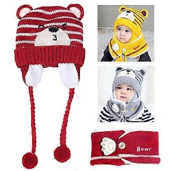 Bebê criança inverno de malha earmuffs beanie cap cachecol definir crianças chapéu de urso de desenho animado