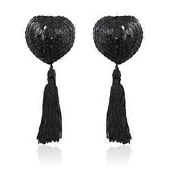 Nipple Covers,Women Sexy Breast Pasties,Self Adhesive Silicone Sticky Bra,Heart-shaped Sequins with Tassel Chest 26-27