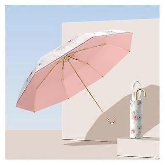Travel Umbrella Automatic Folding Windproof UV Protection Compact Design with Golden Hook Handle Pink