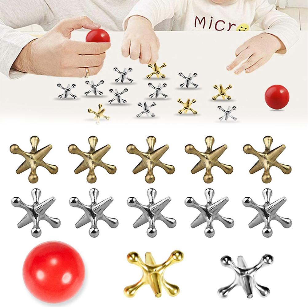 Set of 10 Gold and Silver Metal Play Balls with Metal Jacks and Bouncy Balls, Game Prizes, Party