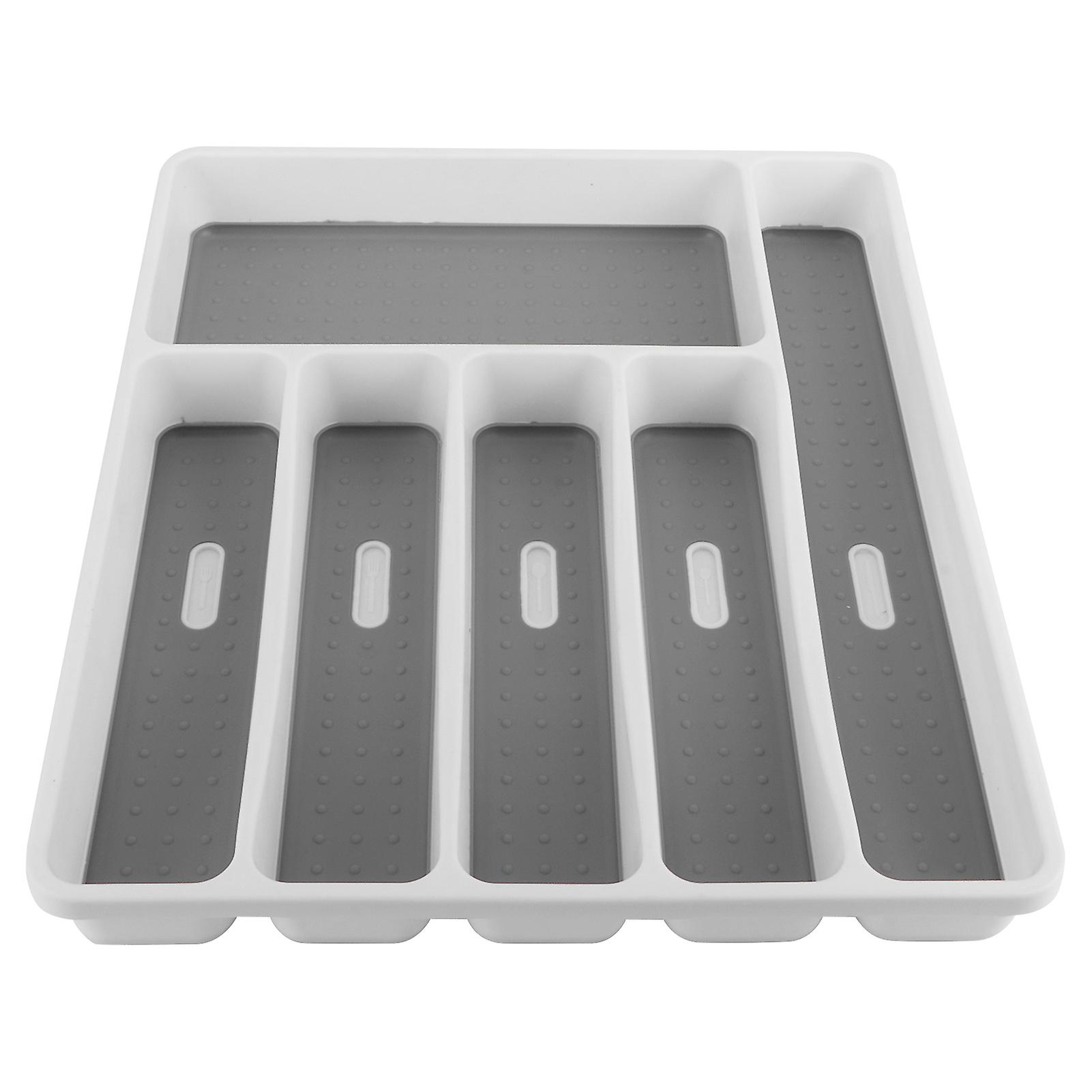 Cutlery Tray Storage Box Drawer Insert for Kitchen Utensils - Adjustable Plastic Fork Organizer, 5 Compartments, Gray