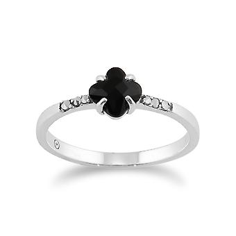 Floral Square Black Onyx & Marcasite Ring in 925 Sterling...