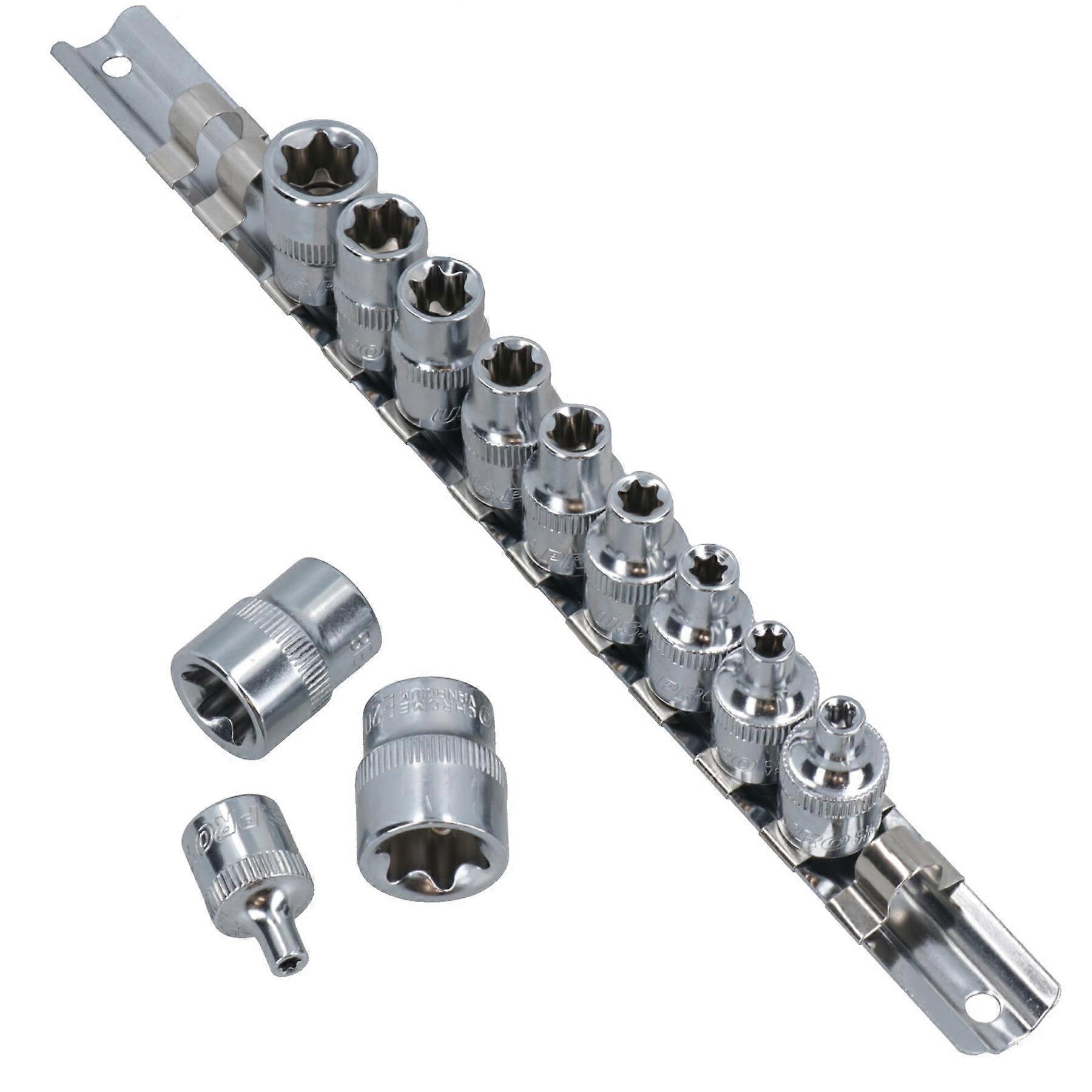 3/8" Drive Female Torx Star E Shallow Sockets E4 - E20 12pc Set On A Rail