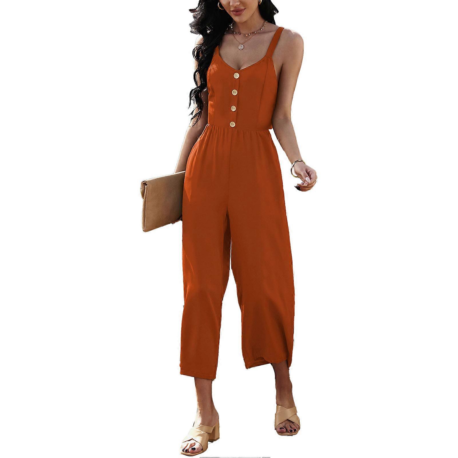 Women Summer Jumpsuit High Waist V Neck Suspender Rompers Button Breasted Jumpsuit for Shopping Woking M Orange