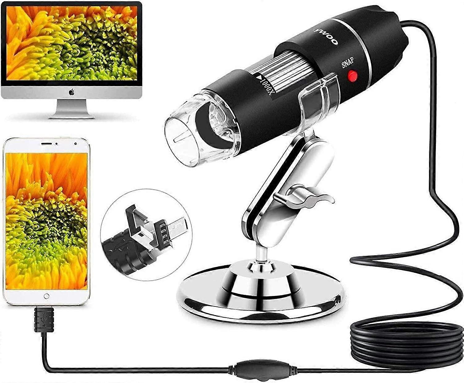 USB Microscope 8 LED USB 2.0 Digital Microscope, 40 to 1000x Magnification Endoscope Mini Camera with OTG Adapter and Metal Stand, Compatible with Mac
