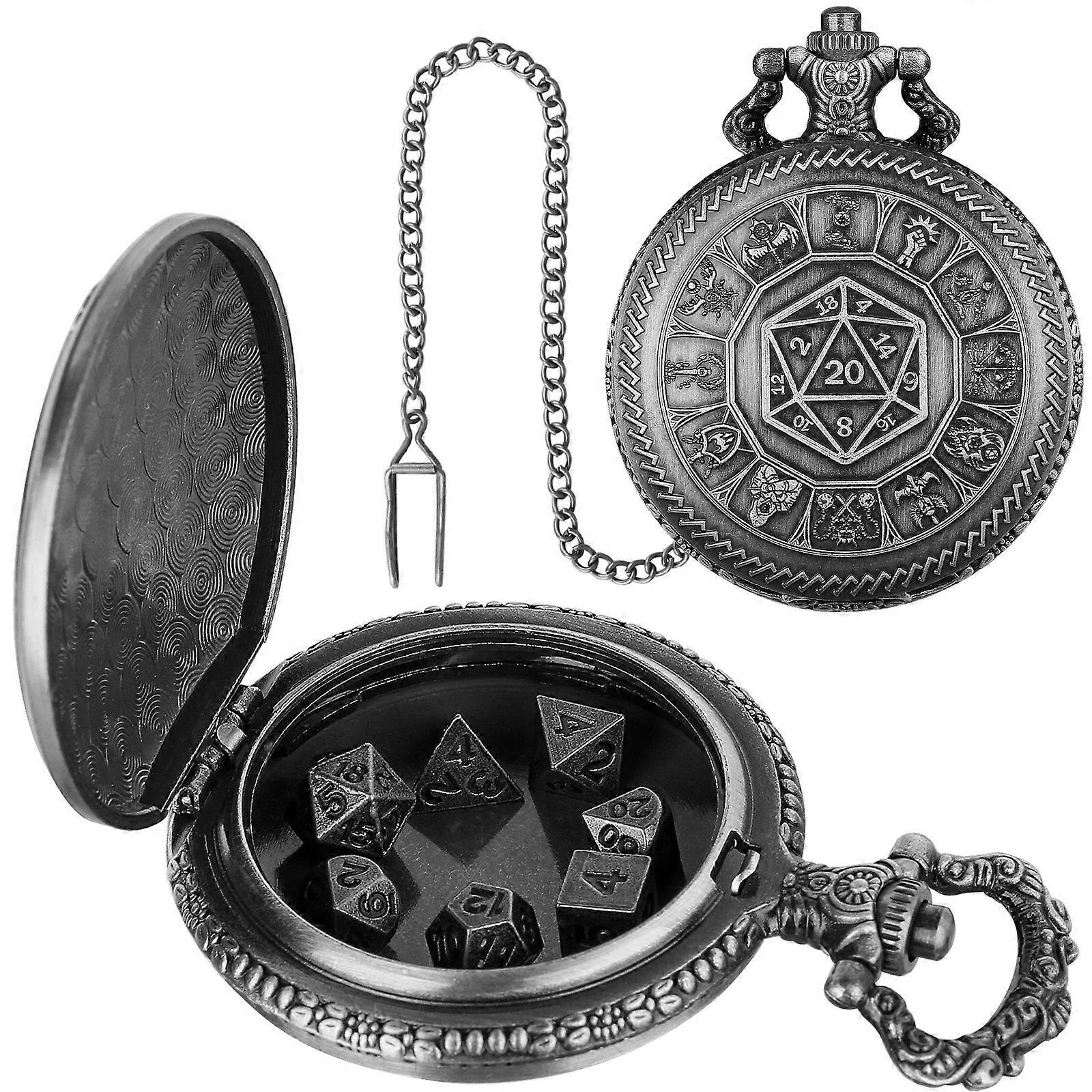D20 Dragon Pocket Watch Shell Dnd Dice Case Pocket Watch Dice Polyhedron Dice Set With Mini Metal Dice Set For Rpg Players