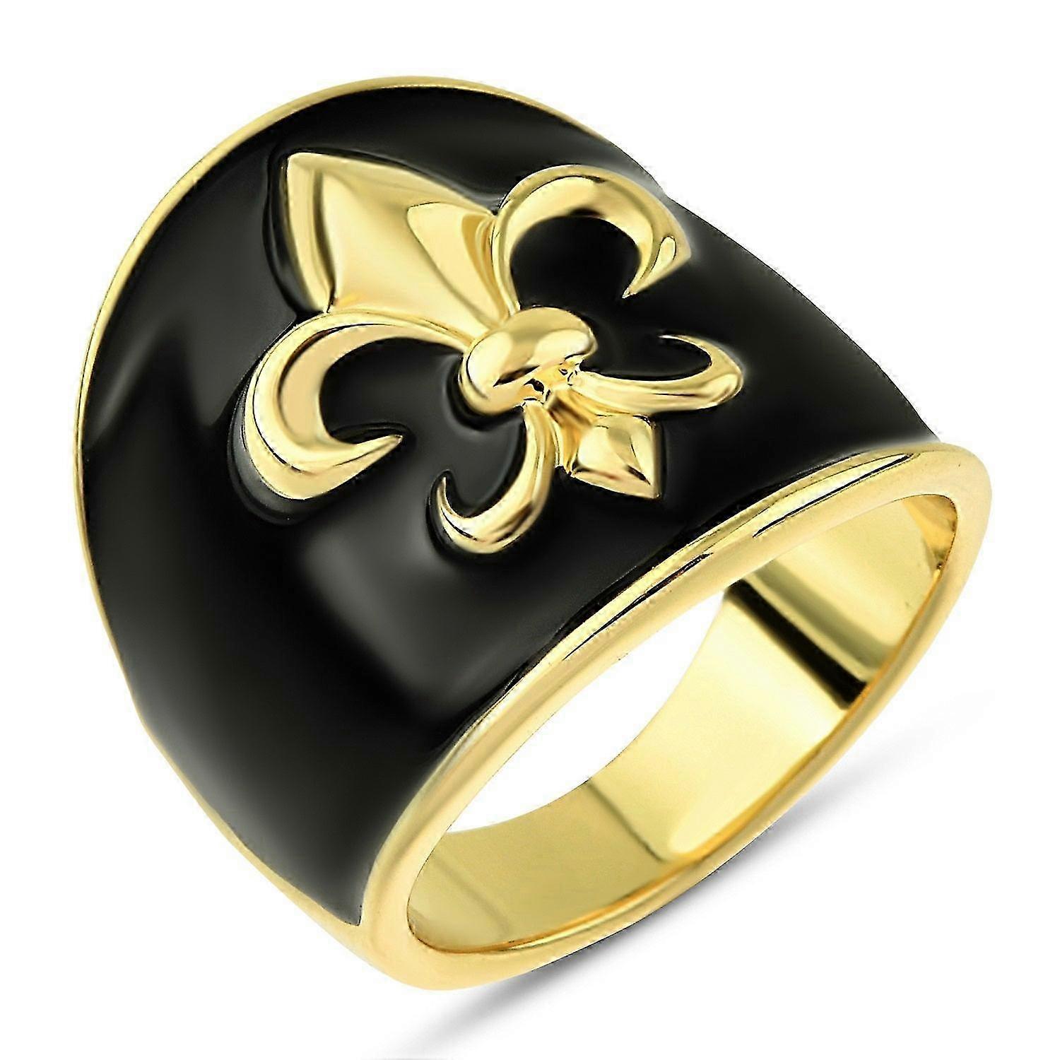 Fleur De Lys Statement Ring - Black Enameled Gold Plated Cocktail Ring