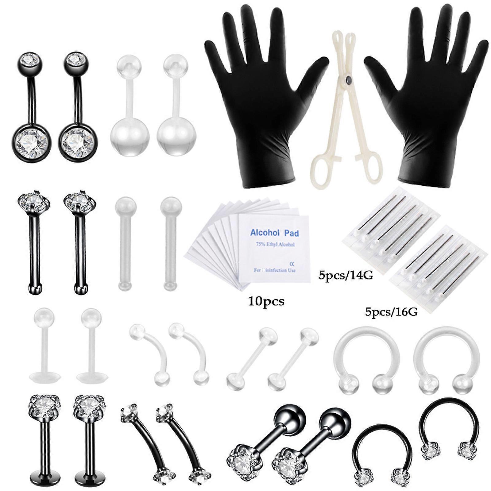47PCS Stainless Steel Piercing Tool Kit Body Piercing Jewelry Set Lip Nose Eyebrow Ear Navel Button Rings Non-Rusting Non-Fading with Opening Pliers P