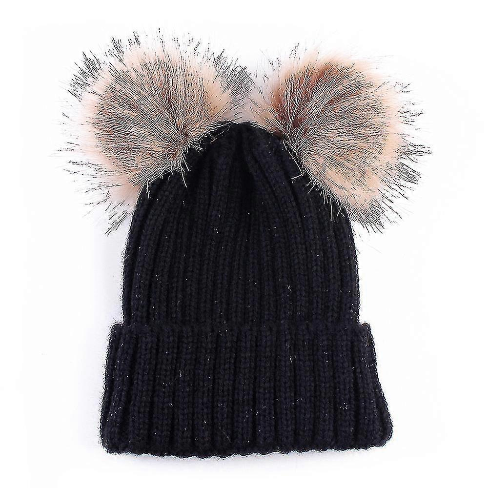 Damen Winter Double Pom Pom Mütze Fleece gefüttert Bobble Hut Gestricktes Kunstfell Pom Pom
