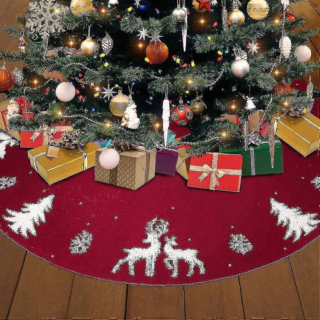 Christmas Tree Skirt 48 Inch Knitted Christmas Tree Skirt, 3d Elk Christmas Tree Base Covering Pad, For Christmas Decoration, Magenta