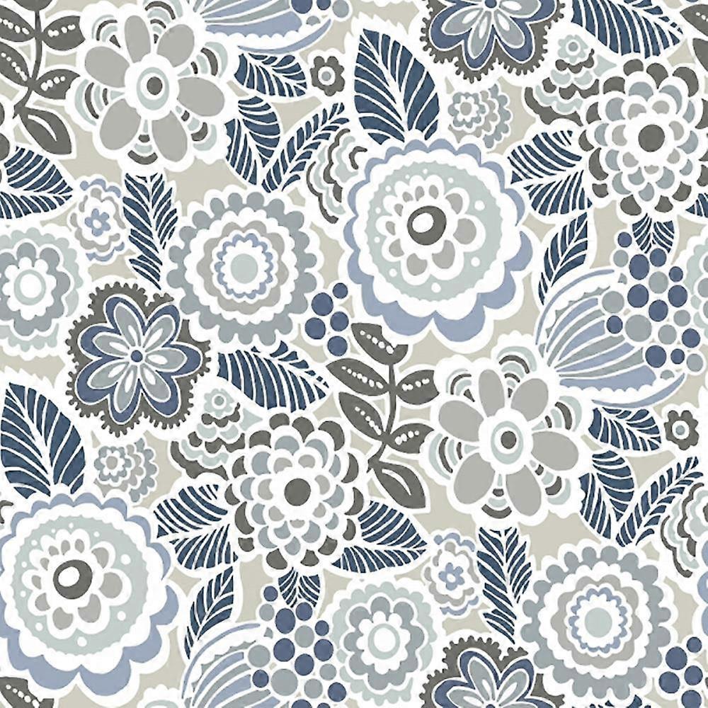 Fine Decor Floral Leaves Grey Blue Wallpaper