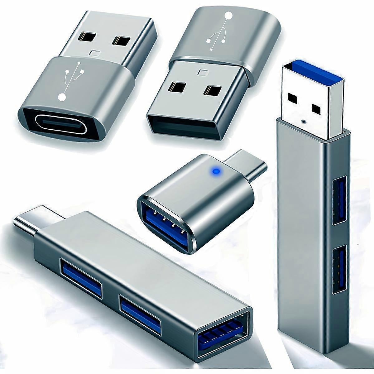 5pcs USB Adapter And USB Hub Splitter Extension OTG Adapter (USB C To USB Adapter, USB A To USB-C Adapter, USB 3.0 Hub), USB C Female To USB Male Adap