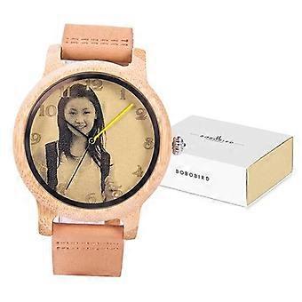 BOBO BIRD Casal Assista Ultra-Alta Precisão Laser Foto Madeira Assista Pulseira de couro genuíno Personalize presente de Natal exclusivo para ele