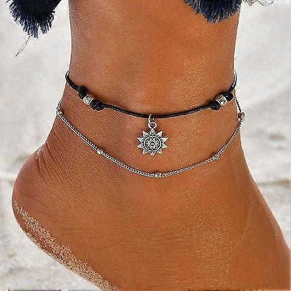 Beach Braided Sun Anklet Women, Bohemian Double Layer Antique Silver Sun Pendant Anklet