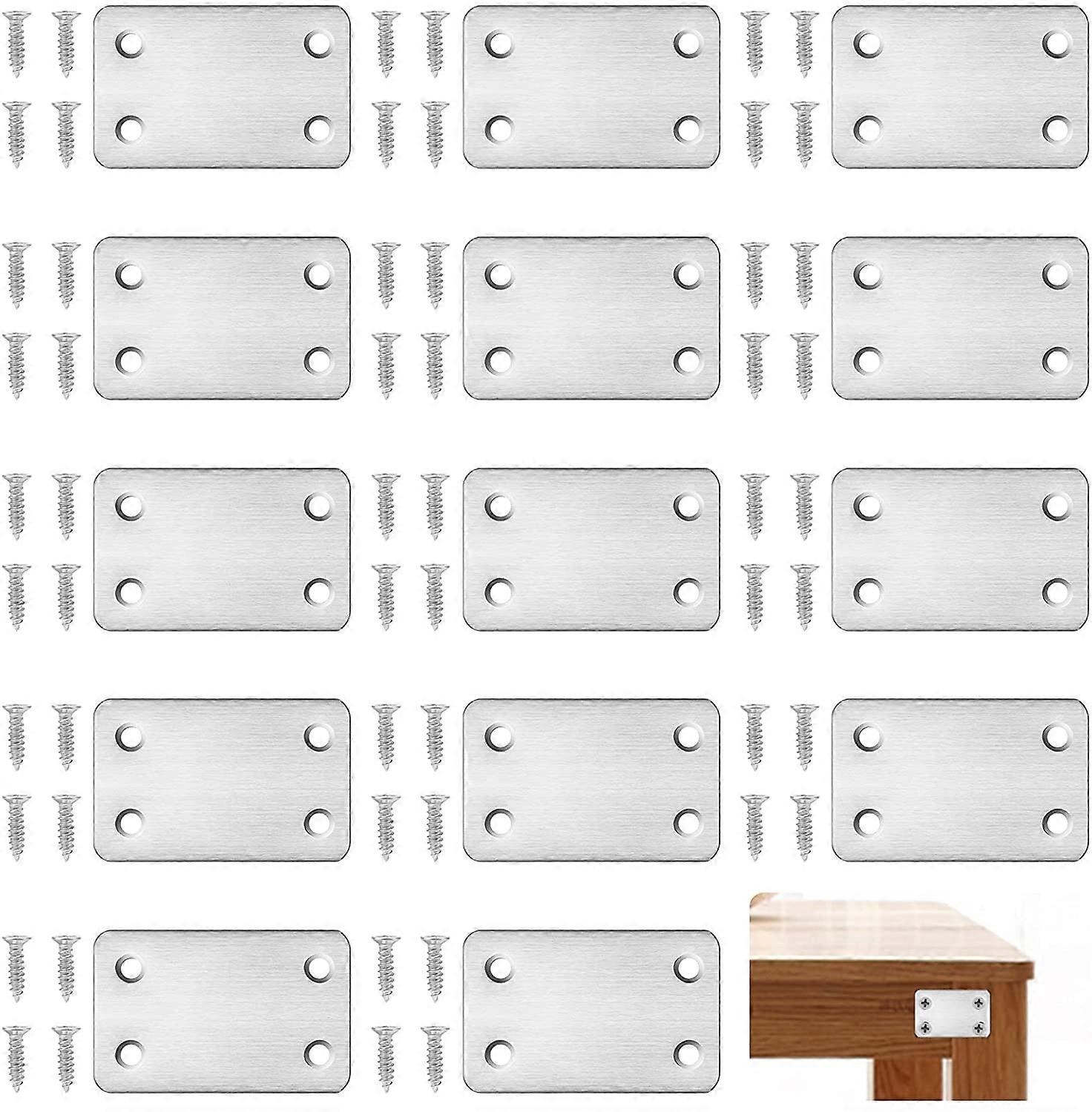 Flat Fixing Bracket, 15 Pcs,for Fixing Furniture Storage Boards and Wood, Stainless Steel Flat Connectors Uses Rectangular Design (with 60 Screws)