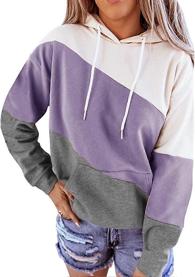 Mangas largas para mujer Color Block Sudadera con capucha Tops Lindo Casual Drawstring Suelto Túnica Ligera Jersey