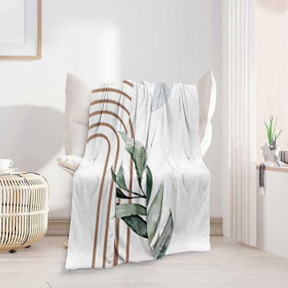 Mid Century Flannel Throw Blankets Moss Green Boho Abstract Leaf Thick Reversible Plush Fleece Blanket for Bed Couch Sofa,Geometric Minimalist Aesthet