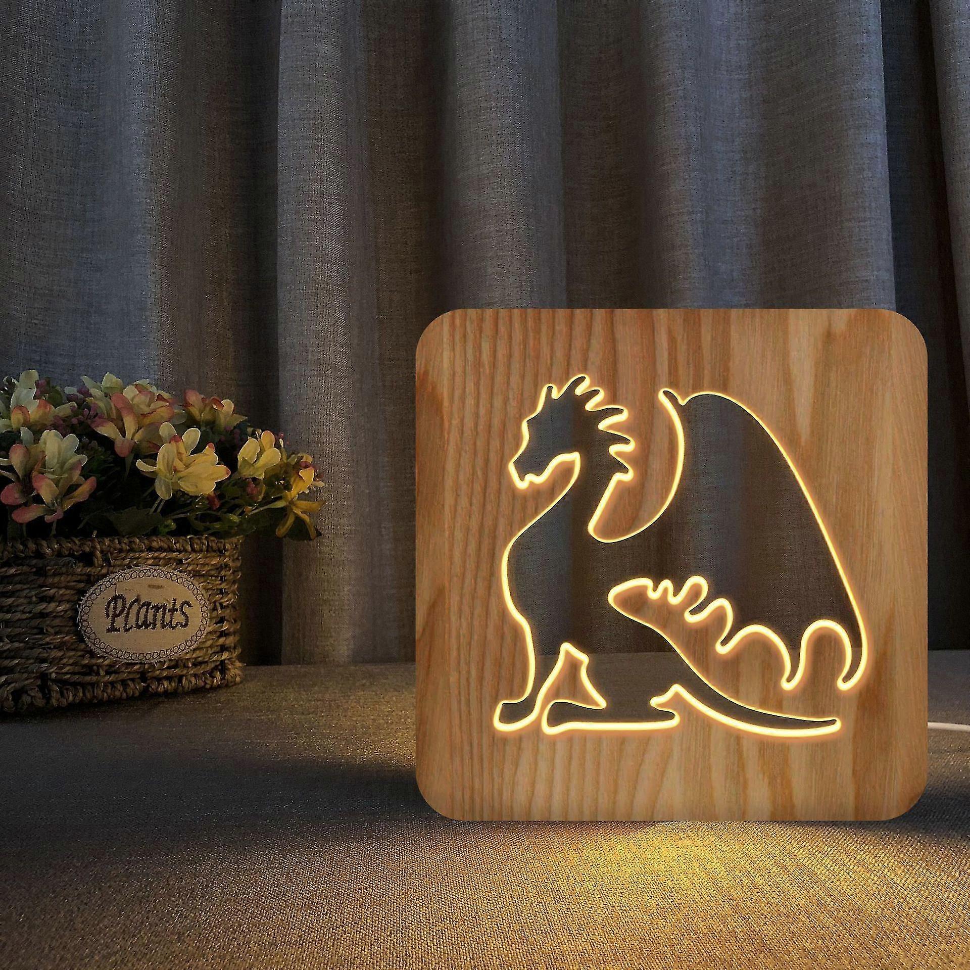 Led wooden carving night light usb power dinosaur pattern