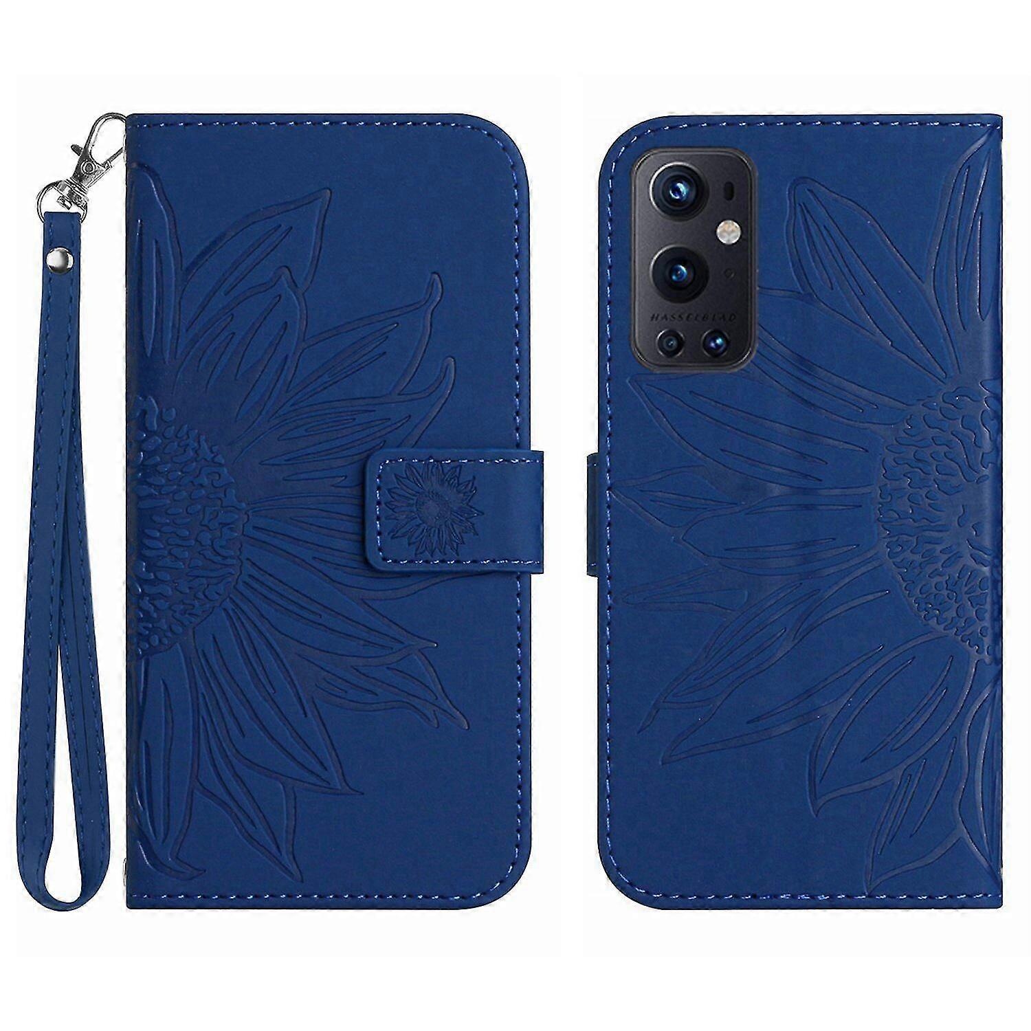 FLOODKING Compatible With OnePlus 9 Pro Embossed Sunflower Magnetic Card Holder Wallet Phone Case with Short Strap