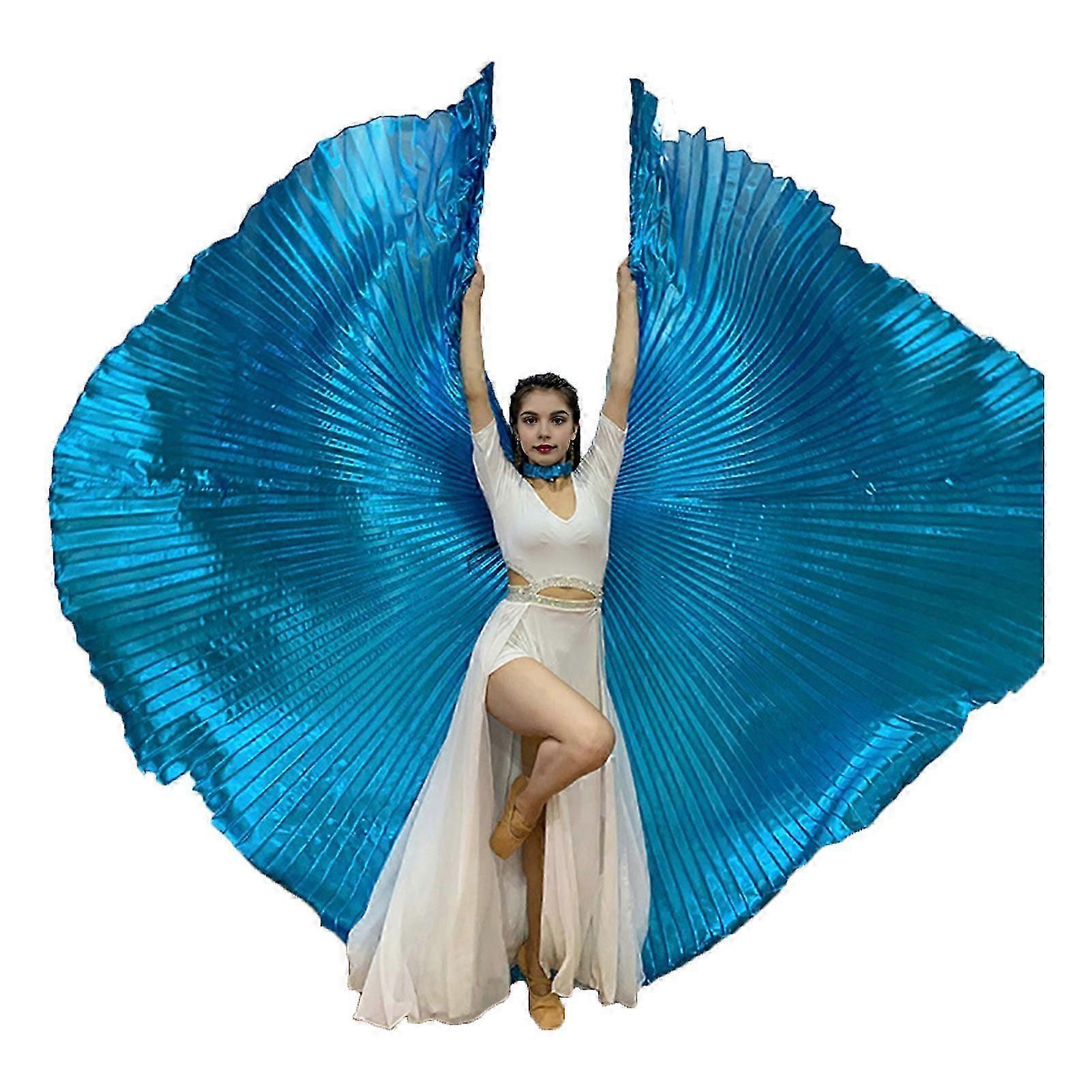 1 Set Performance Cape with Telescopic Rod 360 Degree Belly Dance Wings Egyptian Costume Pleated Bright Color Luster Surface