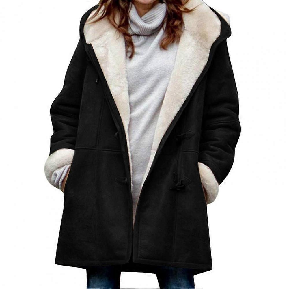 Winter Spring Women Fuzzy Jacket Lined Hooded Long Sleeved Cow Horn Buttons Medium Length Overcoat Windproof Furry Outerwear Women Warm Jacket