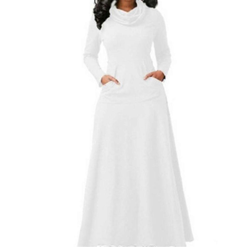 Ladies Style Autumn and Winter Solid Color Stitching Pocket Bib and Big Swing Long Dress