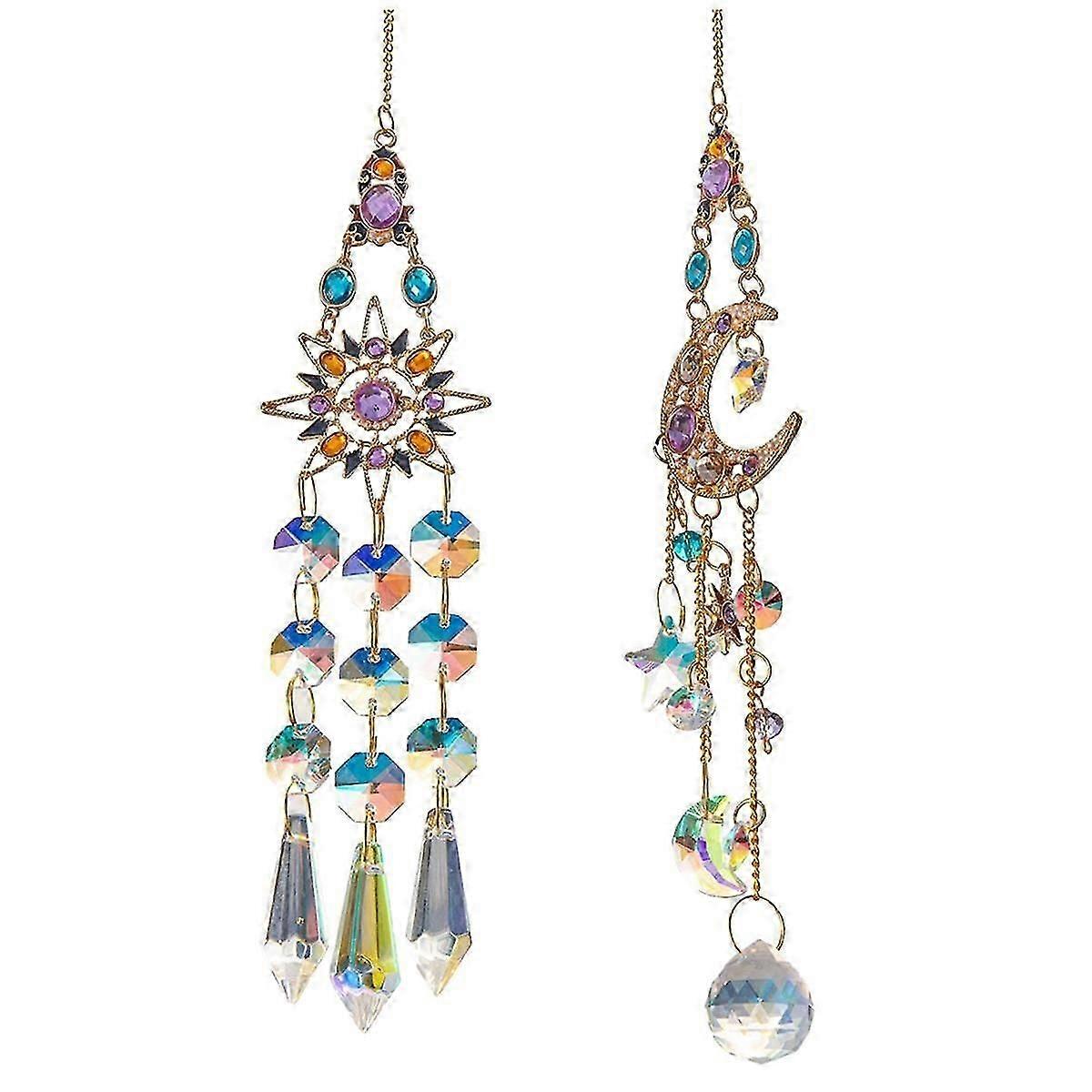 2PCS Suncatcher Crystal Pendant Sun Moon Window Prisms Rainbow Vintage Wind Chimes Hanging Light Ca